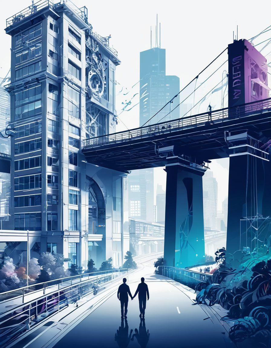 A dynamic illustration showcasing the transformative journey of software development, featuring a bridge connecting a conceptual blueprint of software on one side and a bustling, modern tech office on the other. Add visual elements like gears and coding symbols intertwined, symbolizing the integration of design and functionality. The scene should be vibrant and inspiring, capturing both imagination and reality as a seamless blend. Vector art. vibrant colors. white background.