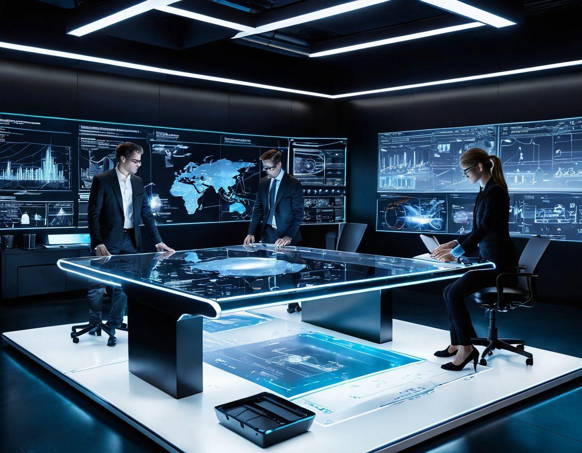 A futuristic engineering workspace showcasing advanced SE55 technologies, featuring holographic displays of tailored solutions and innovative machinery in action. Engineers collaborating around a sleek table with blueprints and digital prototypes, illuminated by dynamic lighting. The setting combines elements of modern tech and creative design, emphasizing innovation and precision. super-realistic. vibrant colors. 3D.